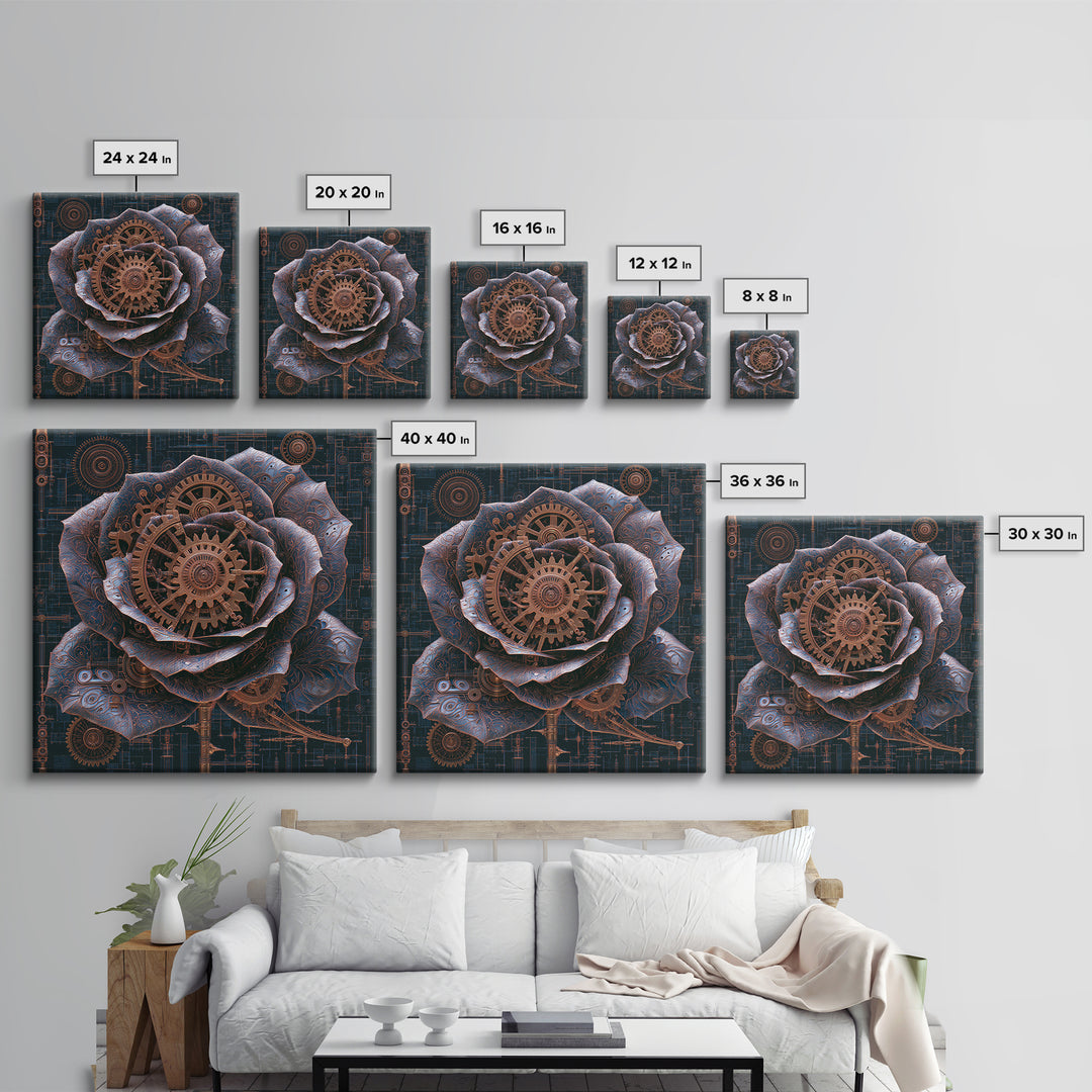 Mechanical Rose Made of Copper Gears Framed Canvas Print, Steampunk Art, Dark Art, Living Room Decor, Oil Painting, Mechanic, STE-1x1-51