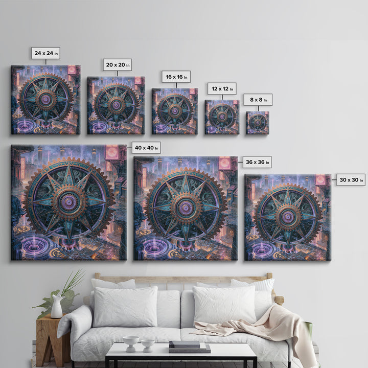 Cogwheel Mandala in Bronze and Teal Framed Canvas Print, Steampunk Art, Wall Art Print, Living Room Decor, Fine Art, Mechanic, STE-1x1-64