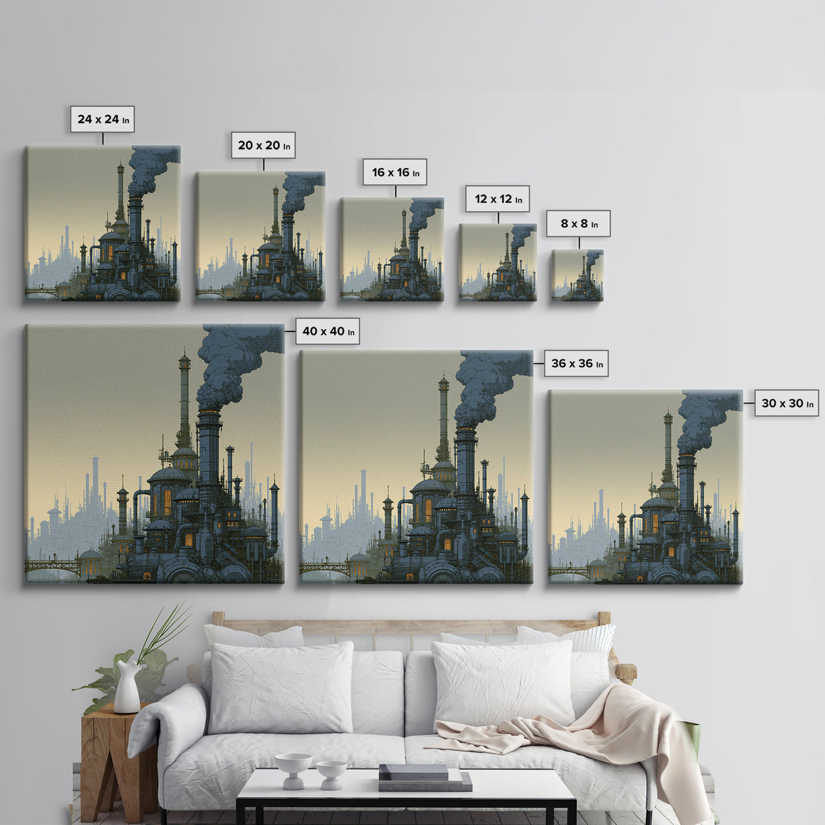 Steam Powered City Skyline Canvas Print, Steampunk Art, Luxury Decor, Living Room Decor, Abstract Art, Mechanic, STE-1x1-69