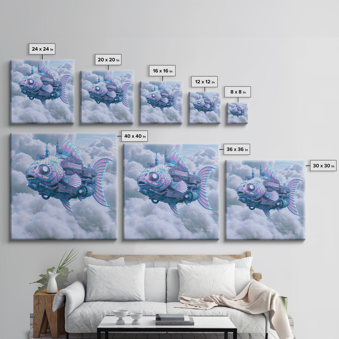 Mechanical Fish Swimming Through Clouds Framed Canvas Print, Steampunk Art, Steampunk Decor, Living Room Decor, Mechanic, STE-1x1-70