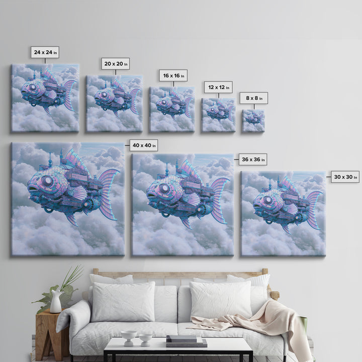 Mechanical Fish Swimming Through Clouds Framed Canvas Print, Steampunk Art, Steampunk Decor, Living Room Decor, Mechanic, STE-1x1-70