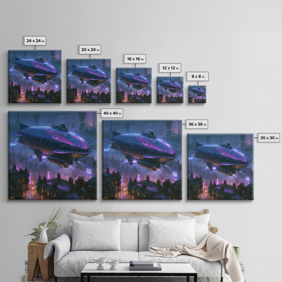 Airship Floating Above Victorian City Roofs Framed Canvas Print, Steampunk Art, Fine Art Print, Living Room Decor, Mechanic, STE-1x1-74