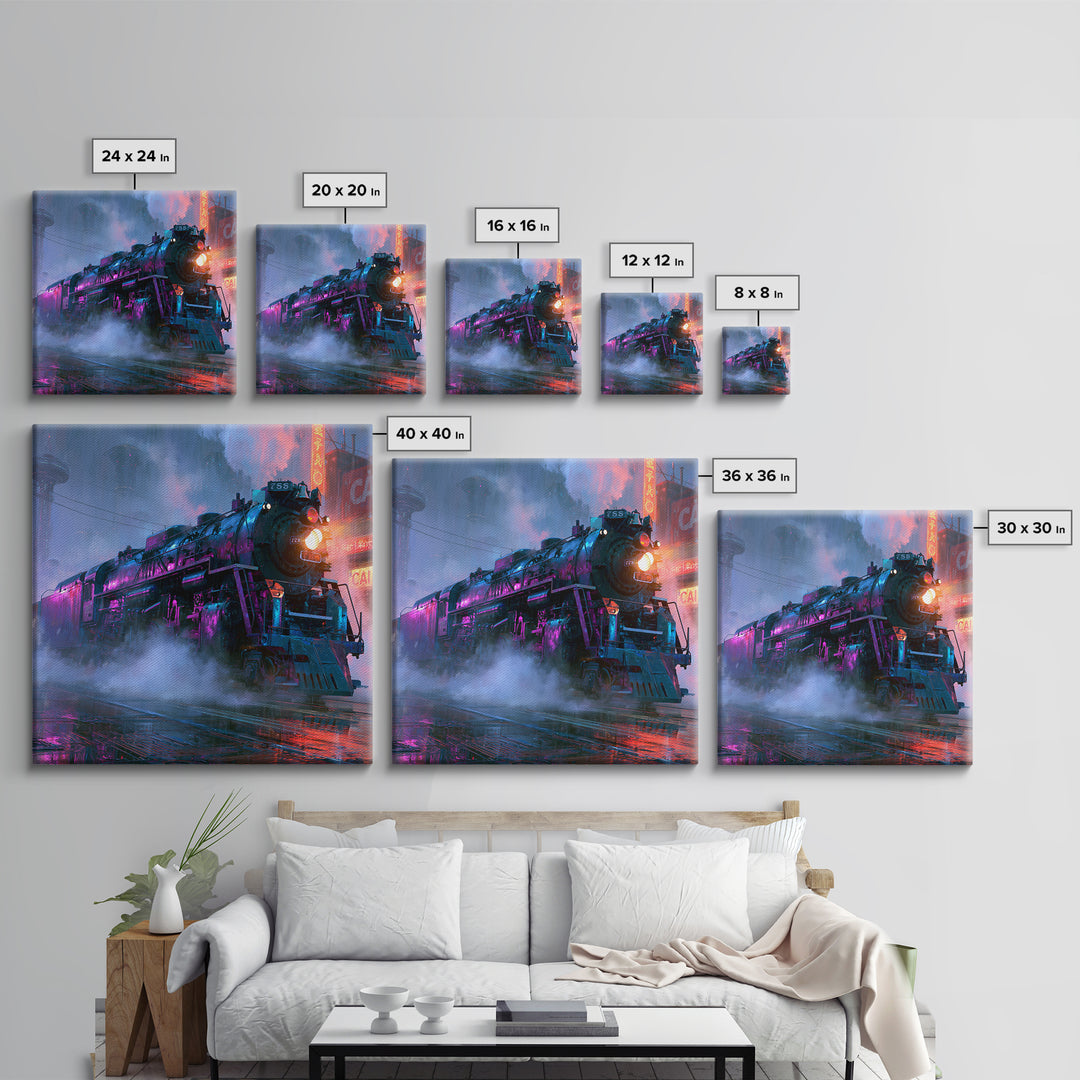 Steam Locomotive Racing Through Fog Framed Canvas Print, Steampunk Art, Statement Artwork, Living Room Decor, Mechanic, STE-1x1-78