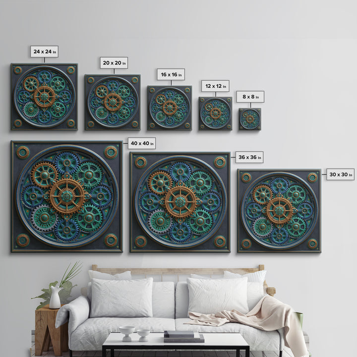 Cogwheel Mandala in Bronze and Teal Framed Canvas Print, Steampunk Art, Minimalist Decor, Living Room Decor, Fine Art, Mechanic, STE-1x1-88