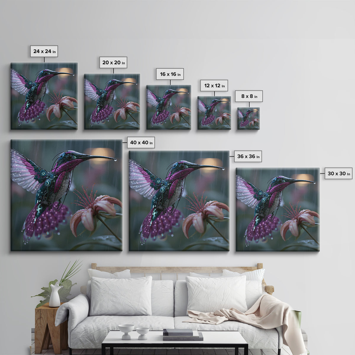 Mechanical Hummingbird Hovering Near Flower Canvas Print, Steampunk Art, Statement Artwork, Living Room Decor, Mechanic, STE-1x1-9