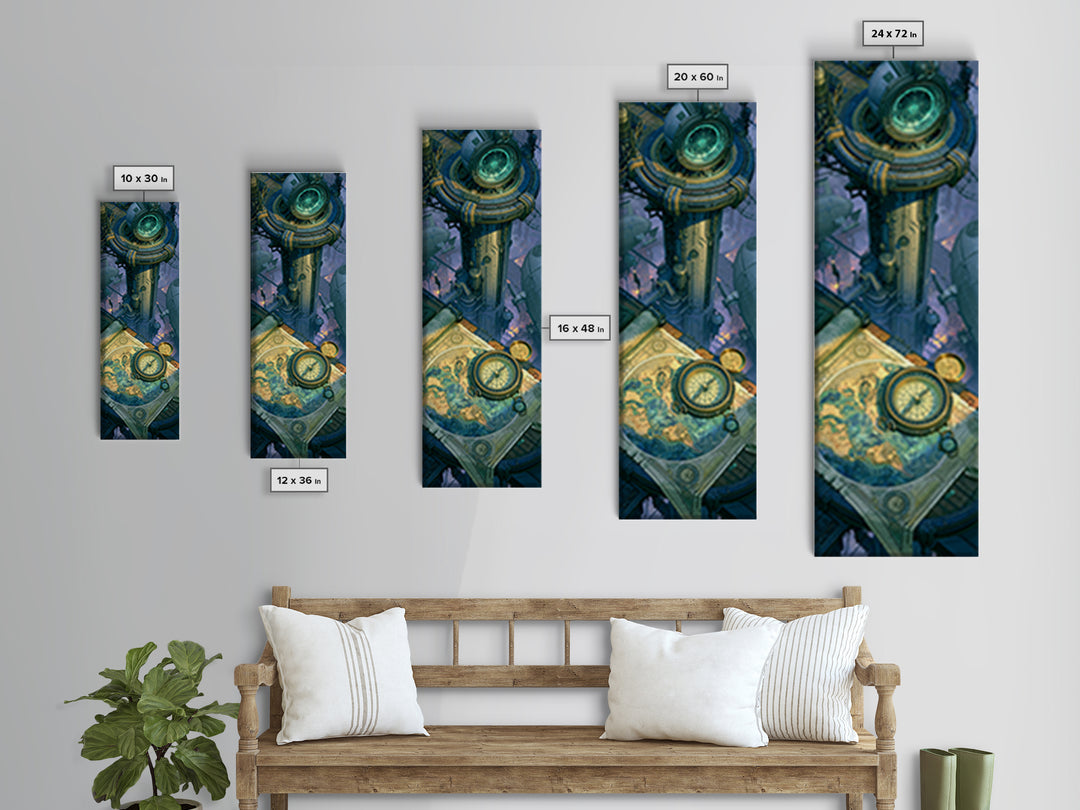Airship Captain Map and Compass Still Life Framed Canvas Print, Steampunk Art, Dark Art, Living Room Decor, Oil Painting, STE-1x3-54