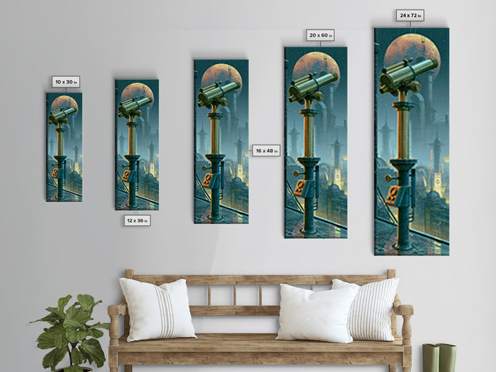 Brass Telescope Aimed at Copper Moon Canvas Print, Steampunk Art, Canvas Art, Living Room Decor, Abstract Art, Mechanic, STE-1x3-60