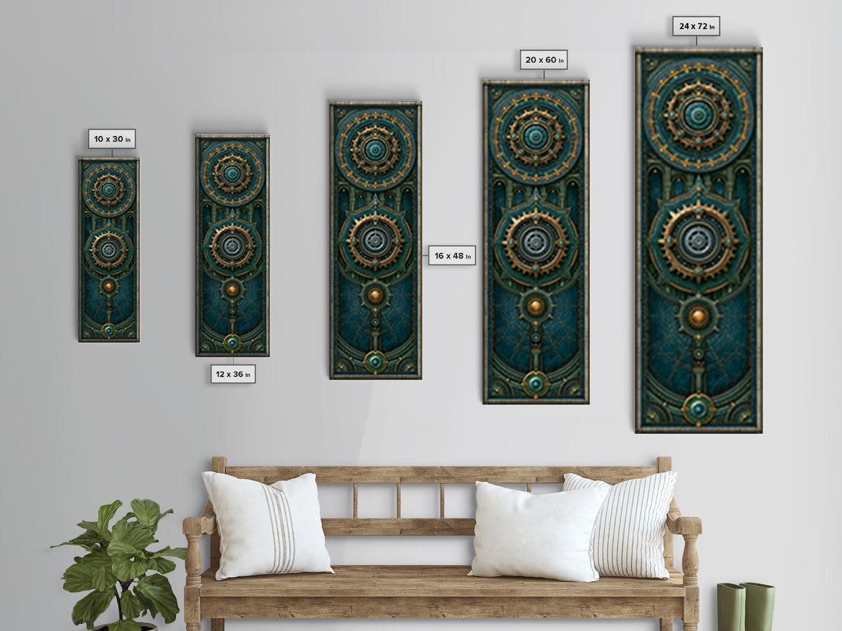 Cogwheel Mandala in Bronze and Teal Framed Canvas Print, Steampunk Art, Cat Art, Living Room Decor, Oil Painting, Mechanic, STE-1x3-76