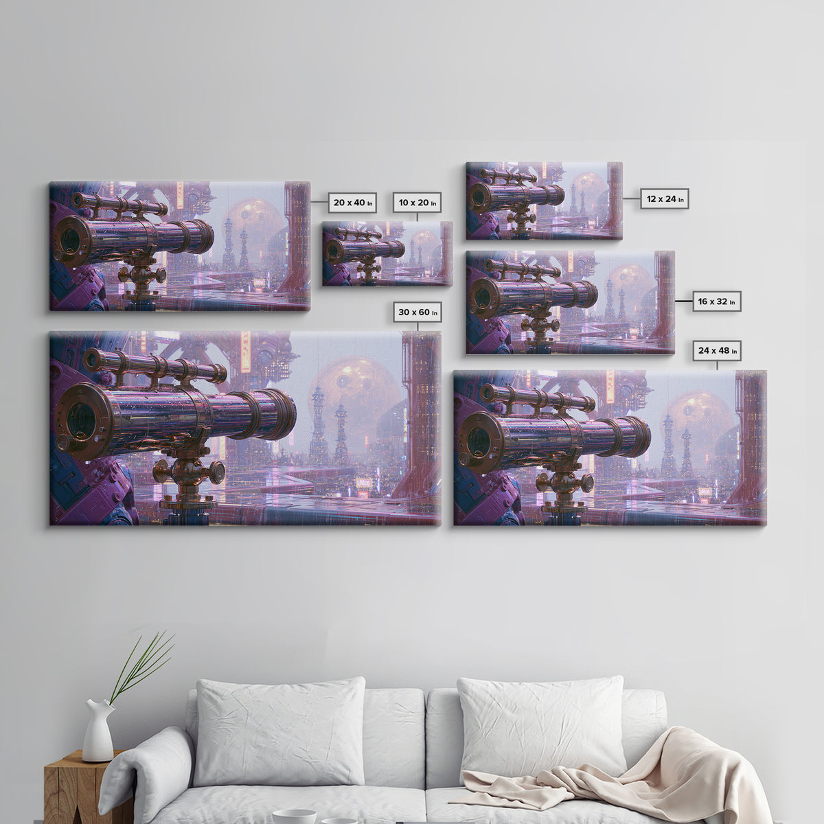 Brass Telescope Aimed at Copper Moon Framed Canvas Print, Steampunk Art, Statement Artwork, Living Room Decor, Mechanic, STE-2x1-20