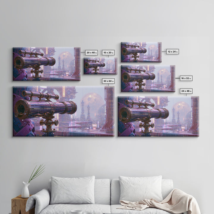 Brass Telescope Aimed at Copper Moon Framed Canvas Print, Steampunk Art, Statement Artwork, Living Room Decor, Mechanic, STE-2x1-20