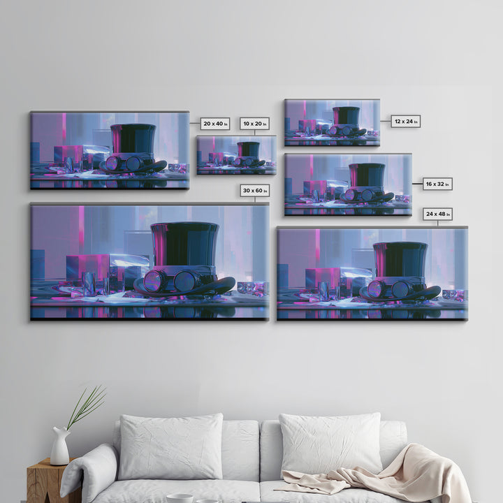Top Hat and Goggles Still Life Framed Canvas Print, Steampunk Art, Minimalist Decor, Living Room Decor, Fine Art, Mechanic, STE-2x1-24