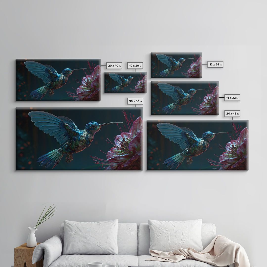 Mechanical Hummingbird Hovering Near Flower Canvas Print, Steampunk Art, Original Art, Living Room Decor, Mechanic, Dark Art, STE-2x1-29