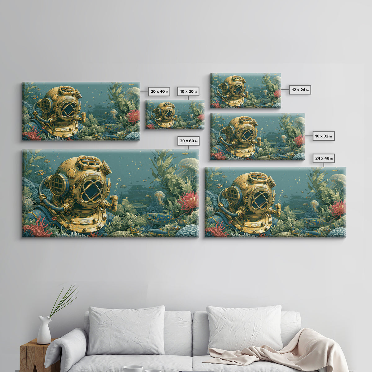 Brass Diving Helmet Canvas Print, Steampunk Art, Wall Art, Living Room Decor, Oil Painting, Mechanic, Ai Art, Digital Print, STE-2x1-32