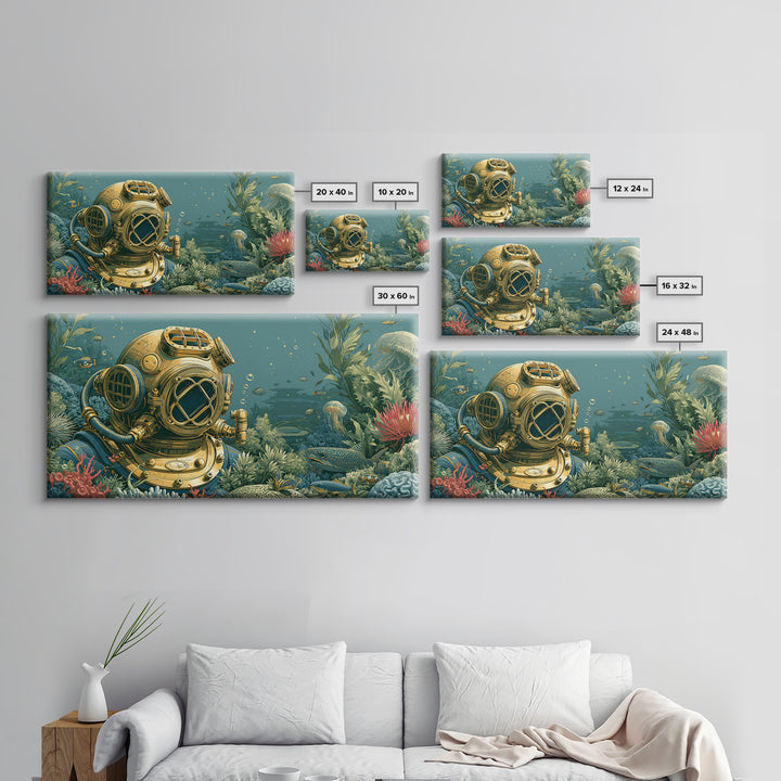 Brass Diving Helmet Canvas Print, Steampunk Art, Wall Art, Living Room Decor, Oil Painting, Mechanic, Ai Art, Digital Print, STE-2x1-32