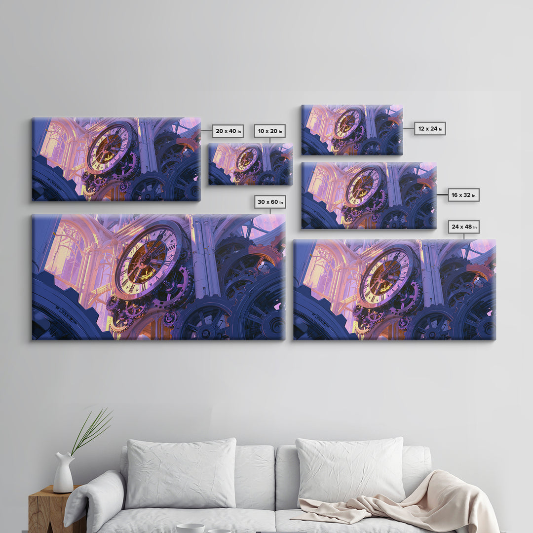 Clock Tower Gears Framed Canvas Print, Steampunk Art, Halloween Decor, Living Room Decor, Fine Art, Mechanic, Boho Wall Art, STE-2x1-33