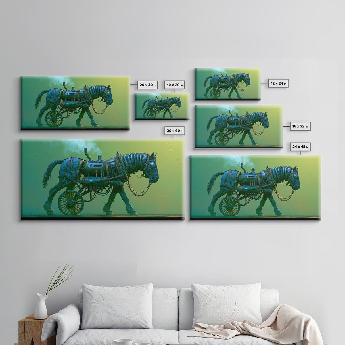 Steam Powered Horse Framed Canvas Print, Steampunk Art, Wall Art, Living Room Decor, Oil Painting, Mechanic, Ai Art, STE-2x1-35