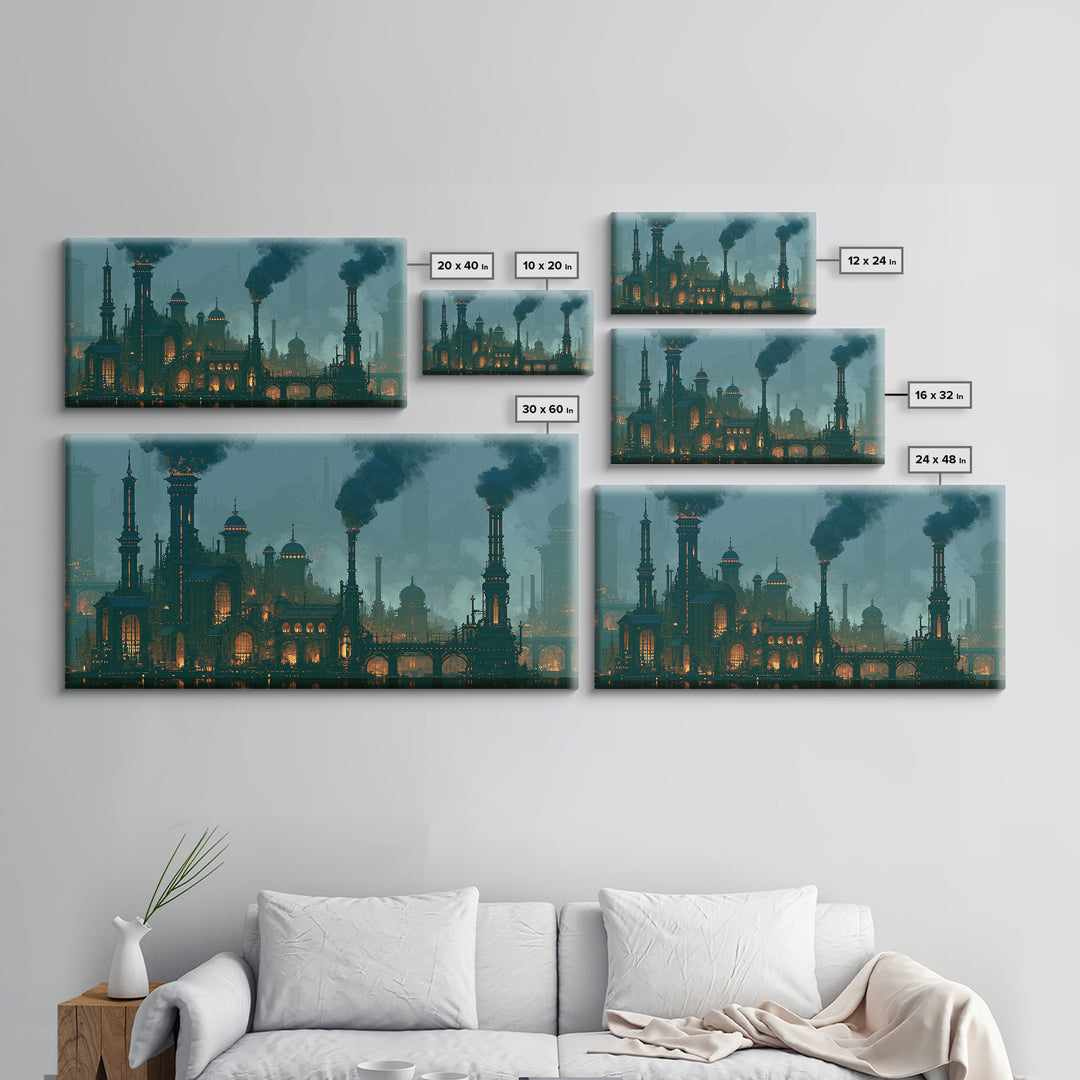Steam Powered City Skyline Canvas Print, Steampunk Art, Digital Art, Living Room Decor, Abstract Art, Mechanic, Wall Art Print, STE-2x1-41