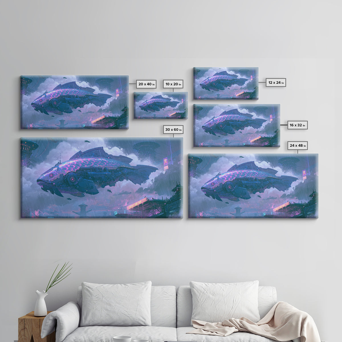 Mechanical Fish Swimming Through Clouds Framed Canvas Print, Steampunk Art, Room Decor, Living Room Decor, Fine Art, Mechanic, STE-2x1-42