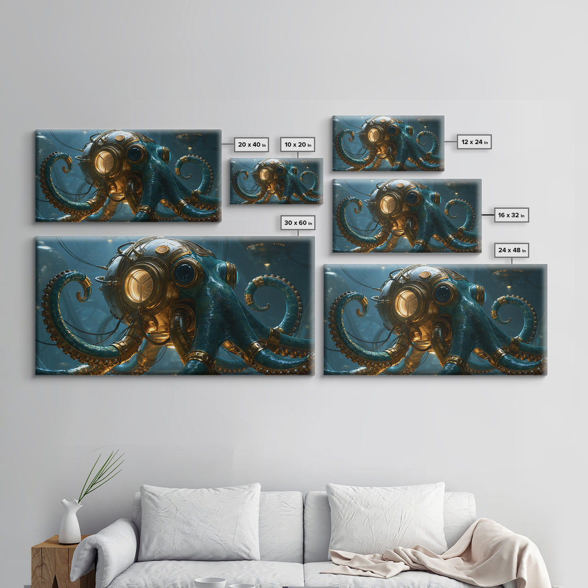 Steampunk Octopus with Brass Tentacles Canvas Print, Steampunk Art, Digital Print, Living Room Decor, Fine Art, Mechanic, STE-2x1-73