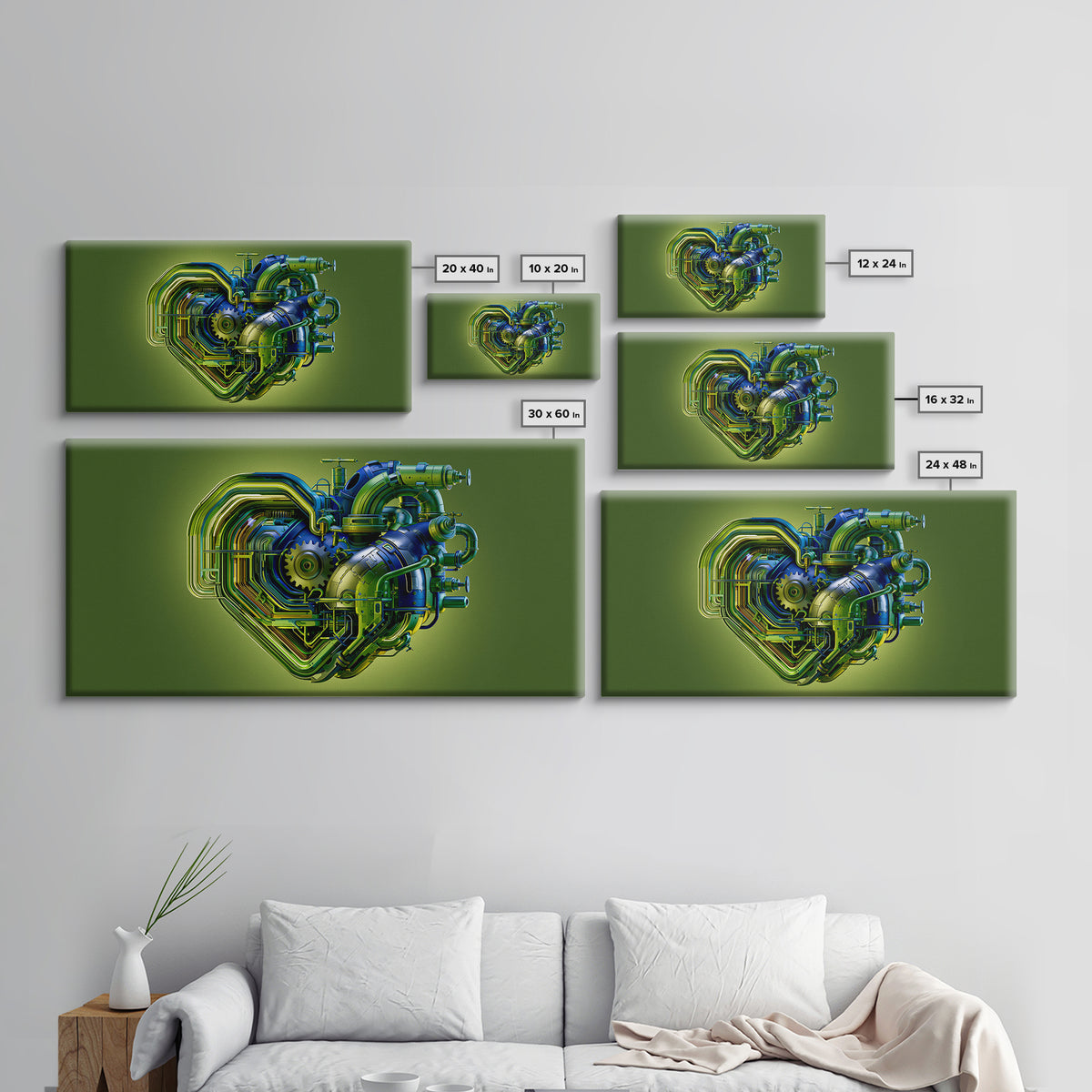 Gear Heart with Pipes and Valves Framed Canvas Print, Steampunk Art, Digital Print, Living Room Decor, Fine Art, Mechanic, STE-2x1-88