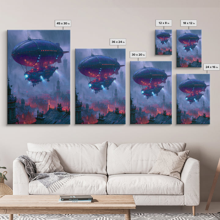 Airship Floating Above Victorian City Roofs Canvas Print, Steampunk Art, Contemporary Art, Living Room Decor, Mechanic, STE-2x3-10