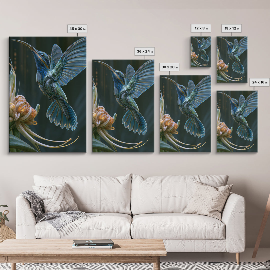 Mechanical Hummingbird Hovering Near Flower Framed Canvas Print, Steampunk Art, Canvas Art, Living Room Decor, Mechanic, STE-2x3-17