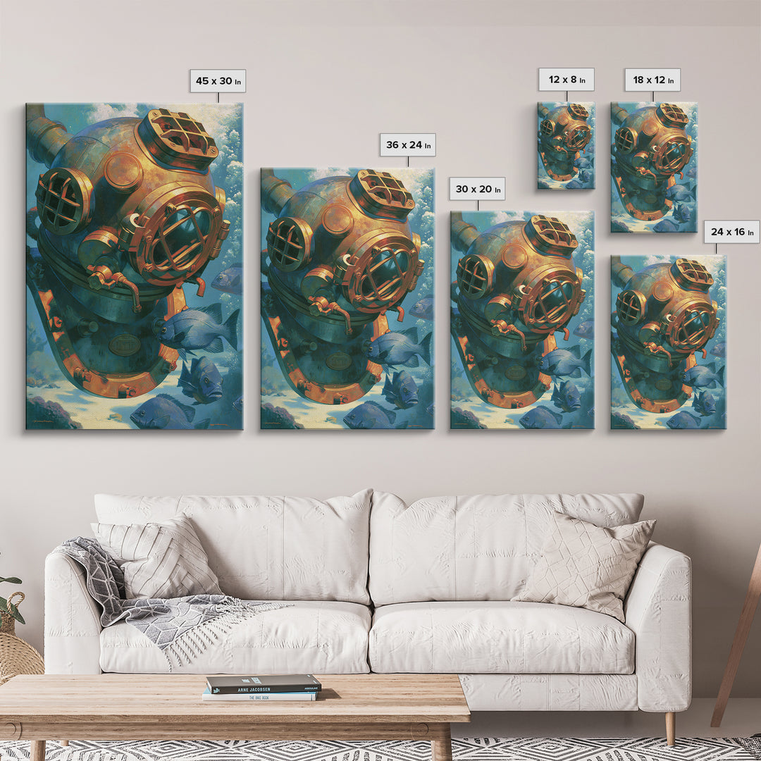 Brass Diving Helmet Framed Canvas Print, Steampunk Art, Printable Art, Living Room Decor, Oil Painting, Mechanic, STE-2x3-20