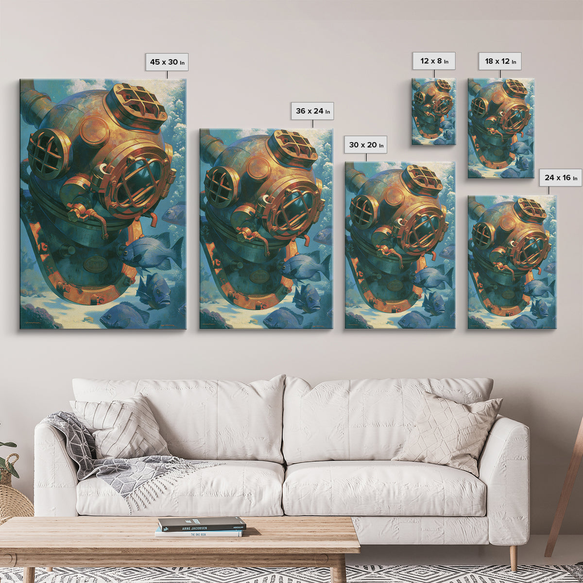 Brass Diving Helmet Framed Canvas Print, Steampunk Art, Printable Art, Living Room Decor, Oil Painting, Mechanic, STE-2x3-20