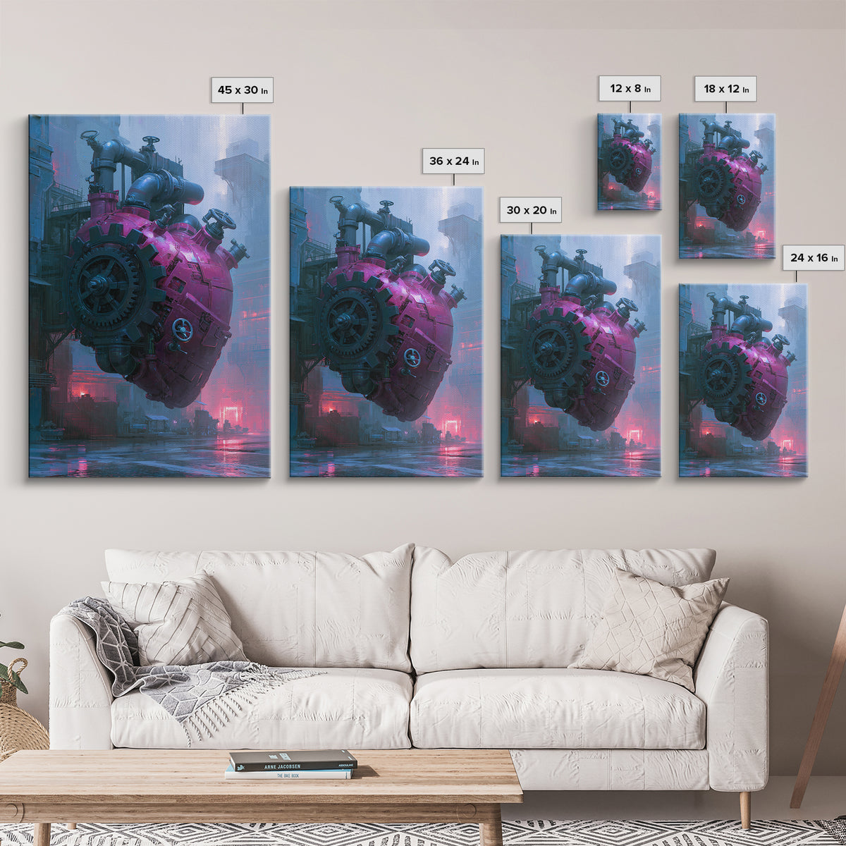 Gear Heart with Pipes and Valves Framed Canvas Print, Steampunk Art, Modern Art, Living Room Decor, Fine Art, Mechanic, STE-2x3-28