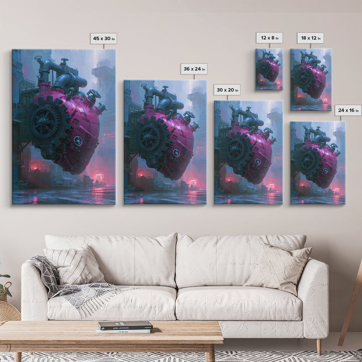 Gear Heart with Pipes and Valves Framed Canvas Print, Steampunk Art, Modern Art, Living Room Decor, Fine Art, Mechanic, STE-2x3-28