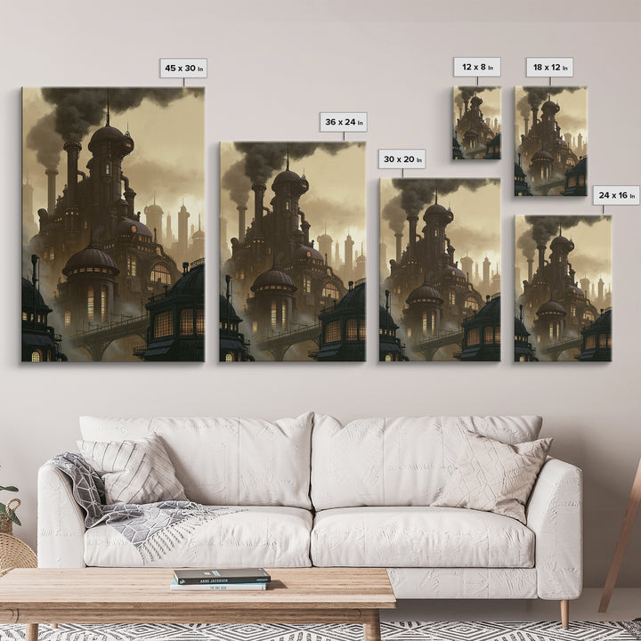 Steam Powered City Skyline Canvas Print, Steampunk Art, Original Art, Living Room Decor, Abstract Art, Mechanic, Cat Art, STE-2x3-29