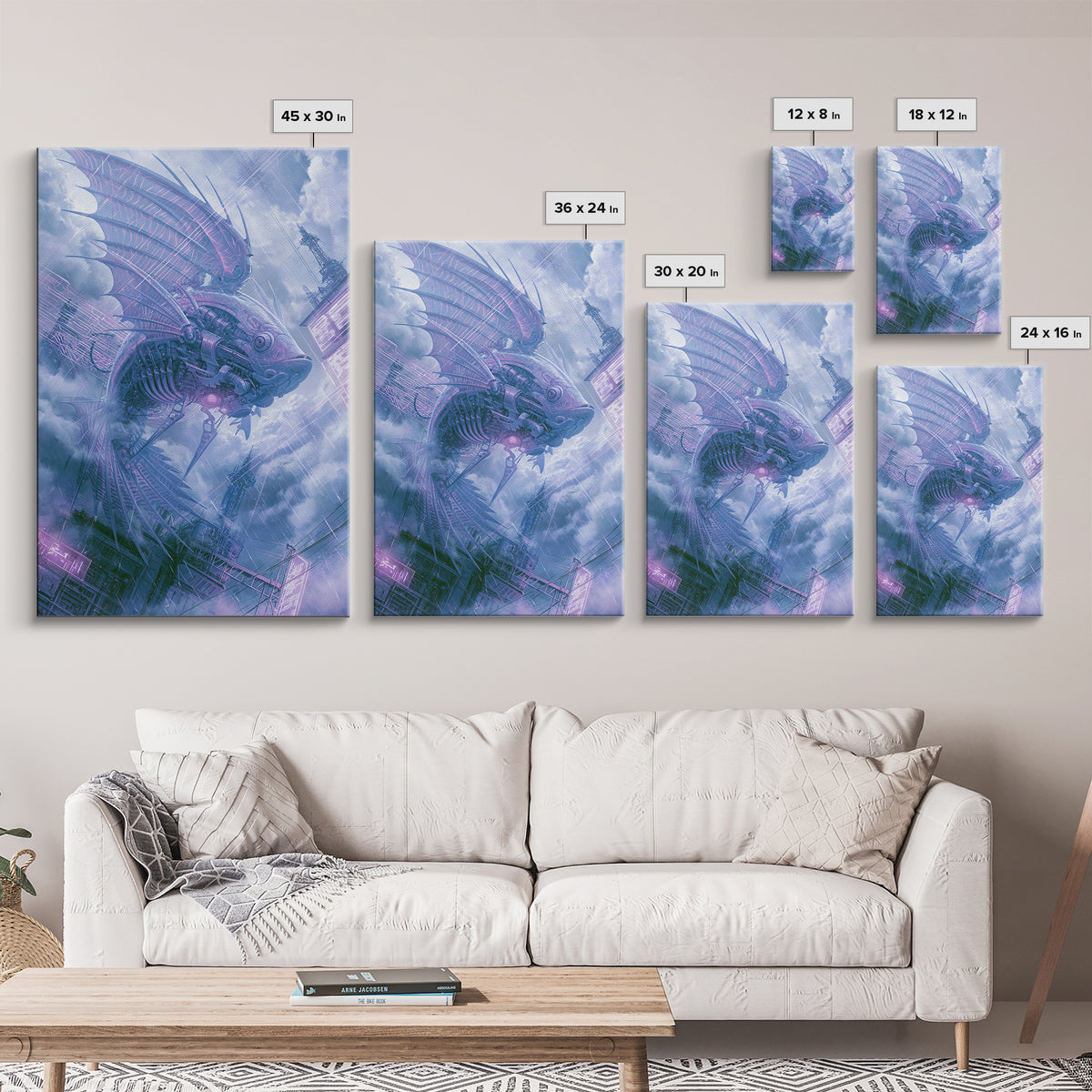 Mechanical Fish Swimming Through Clouds Framed Canvas Print, Steampunk Art, Minimalist Decor, Living Room Decor, Mechanic, STE-2x3-30