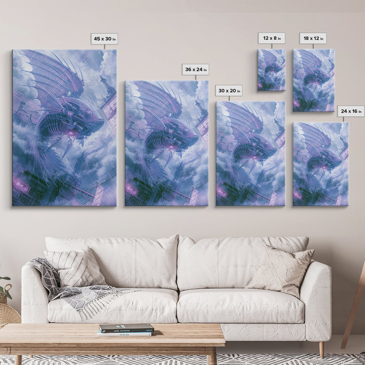 Mechanical Fish Swimming Through Clouds Framed Canvas Print, Steampunk Art, Minimalist Decor, Living Room Decor, Mechanic, STE-2x3-30
