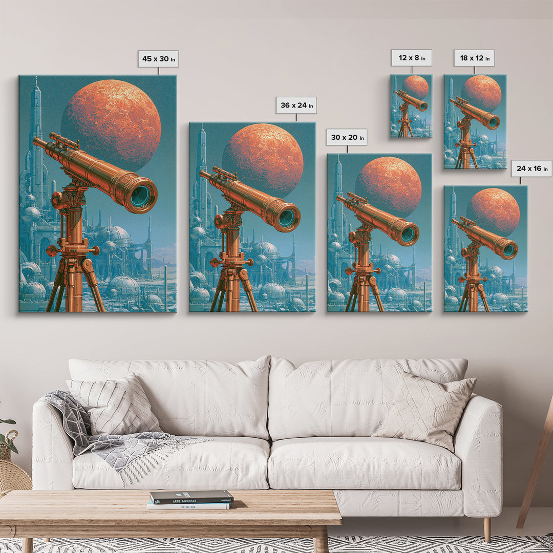 Brass Telescope Aimed at Copper Moon Canvas Print, Steampunk Art, Statement Artwork, Living Room Decor, Fine Art, Mechanic, STE-2x3-32
