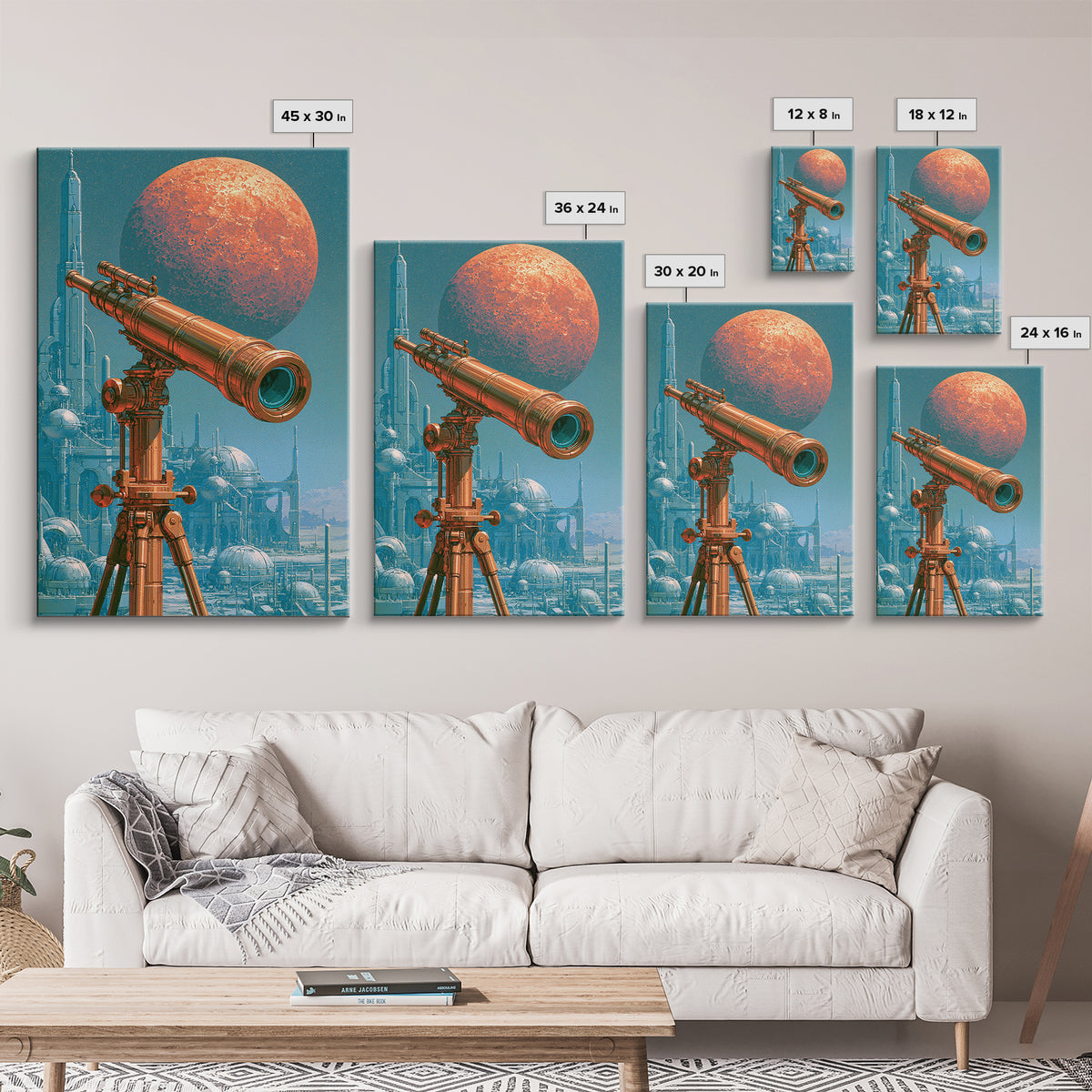 Brass Telescope Aimed at Copper Moon Canvas Print, Steampunk Art, Statement Artwork, Living Room Decor, Fine Art, Mechanic, STE-2x3-32