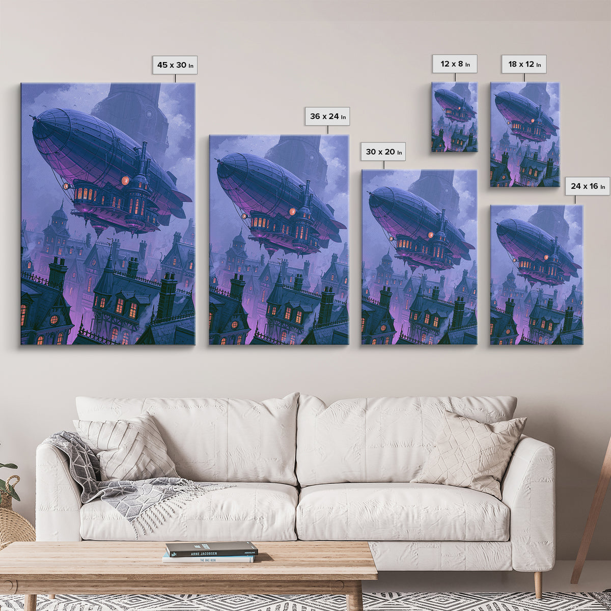 Airship Floating Above Victorian City Roofs Framed Canvas Print, Steampunk Art, Art Print, Living Room Decor, Mechanic, STE-2x3-34