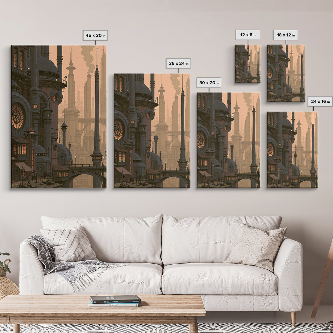 Steam Powered City Skyline Canvas Print, Steampunk Art, Original Art, Living Room Decor, Abstract Art, Mechanic, Cat Art, STE-2x3-5
