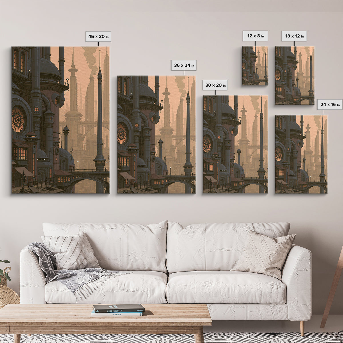 Steam Powered City Skyline Canvas Print, Steampunk Art, Original Art, Living Room Decor, Abstract Art, Mechanic, Cat Art, STE-2x3-5