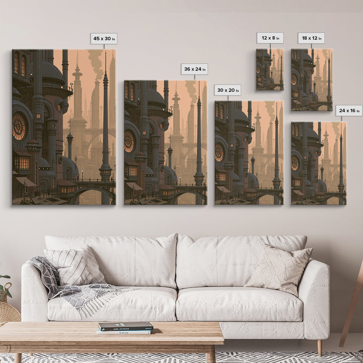 Steam Powered City Skyline Canvas Print, Steampunk Art, Original Art, Living Room Decor, Abstract Art, Mechanic, Cat Art, STE-2x3-5