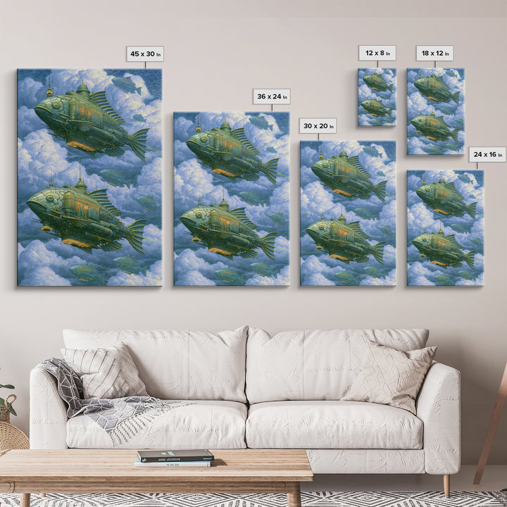 Mechanical Fish Swimming Through Clouds Canvas Print, Steampunk Art, Halloween Decor, Living Room Decor, Fine Art, Mechanic, STE-2x3-54