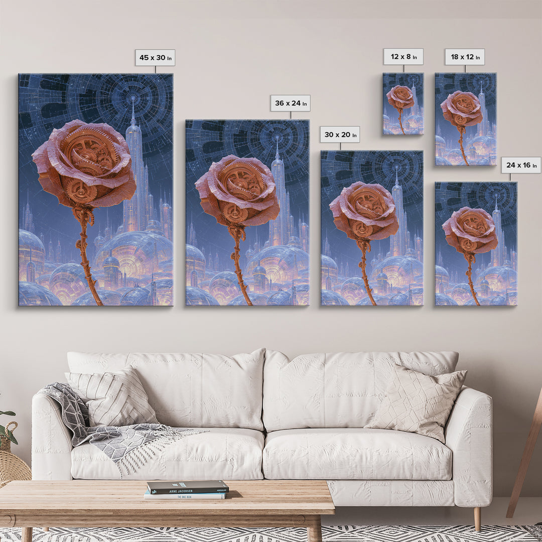 Mechanical Rose Made of Copper Gears Framed Canvas Print, Steampunk Art, Printable Art, Living Room Decor, Oil Painting, STE-2x3-59