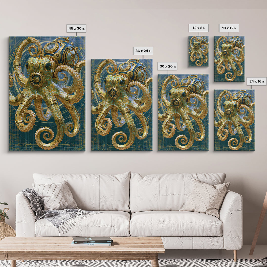 Steampunk Octopus with Brass Tentacles Canvas Print, Steampunk Art, Boho Wall Art, Living Room Decor, Fine Art, Mechanic, STE-2x3-61