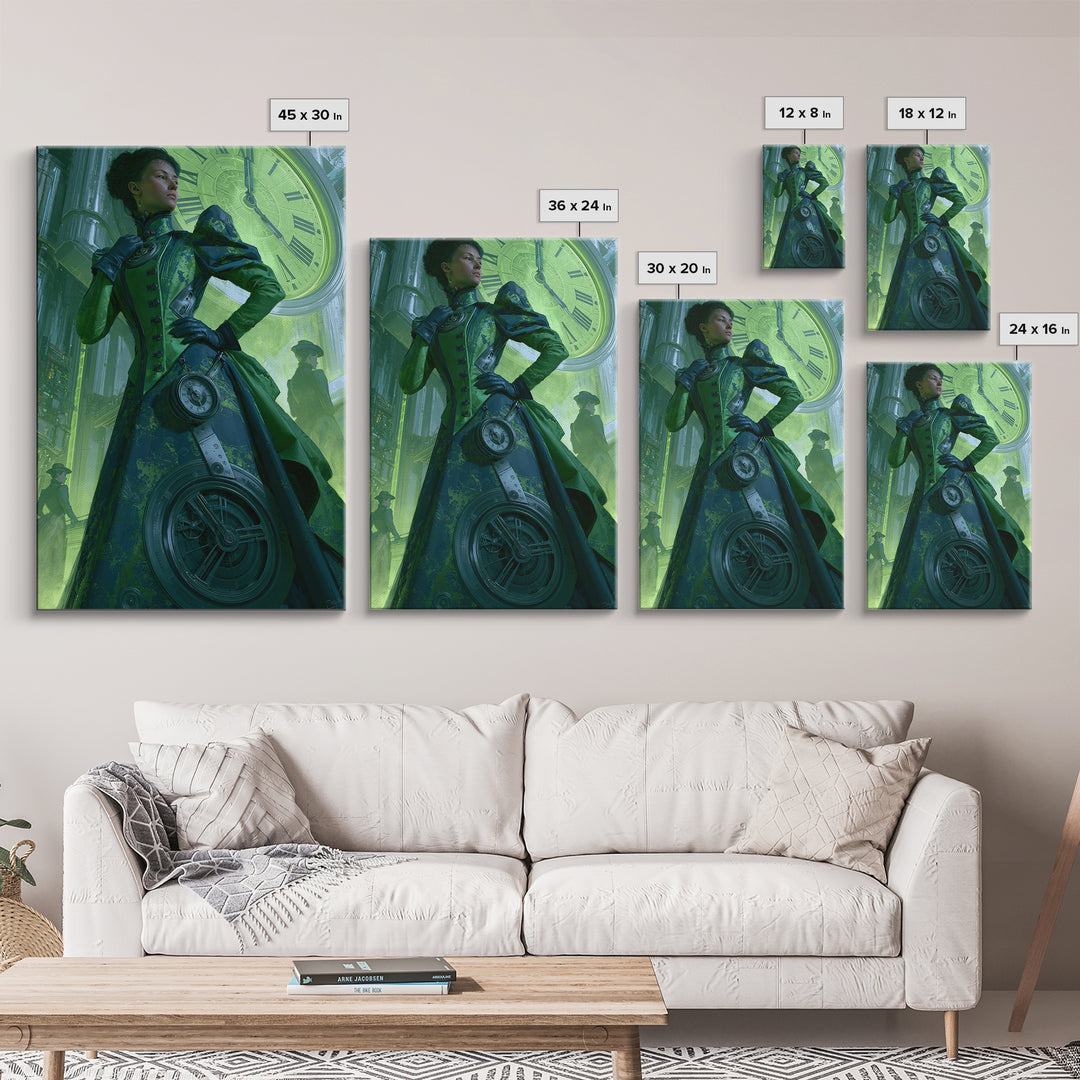 Victorian Lady with Clockwork Dress Details Framed Canvas Print, Steampunk Art, Whimsigoth Decor, Living Room Decor, Mechanic, STE-2x3-73