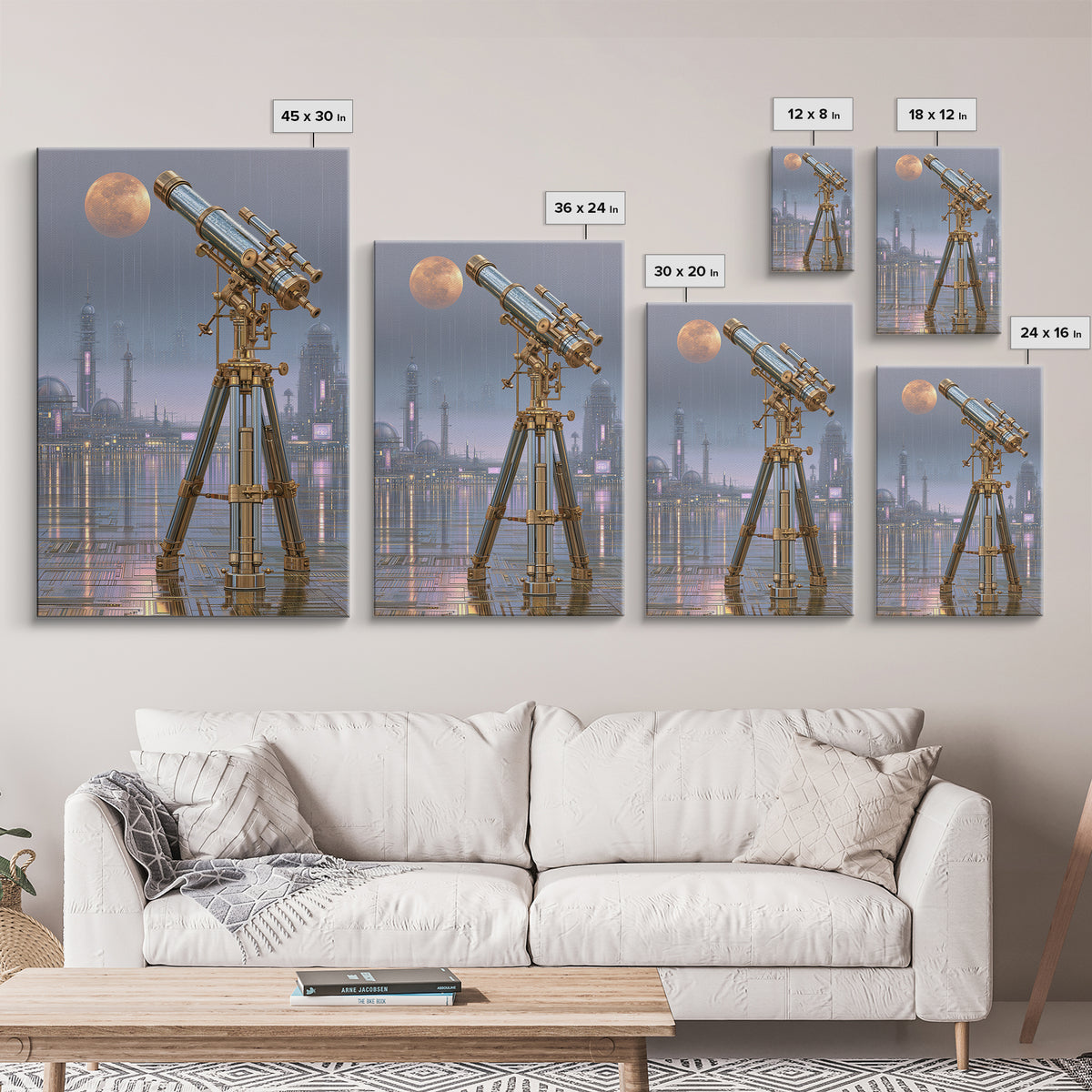 Brass Telescope Aimed at Copper Moon Framed Canvas Print, Steampunk Art, Dark Art, Living Room Decor, Oil Painting, Mechanic, STE-2x3-8