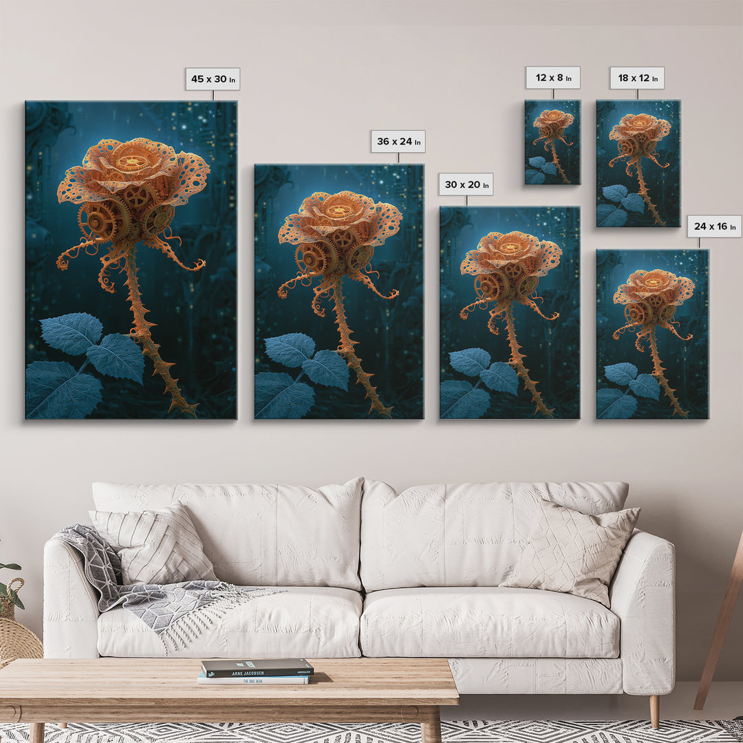 Mechanical Rose Made of Copper Gears Framed Canvas Print, Steampunk Art, Steampunk Lamp, Living Room Decor, Abstract Art, STE-2x3-83