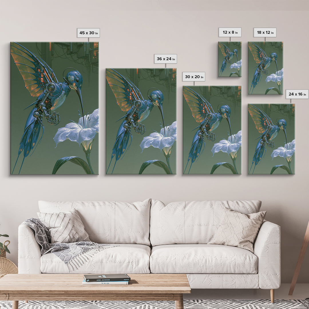 Mechanical Hummingbird Hovering Near Flower Canvas Print, Steampunk Art, Digital Download Art, Living Room Decor, Mechanic, STE-2x3-89