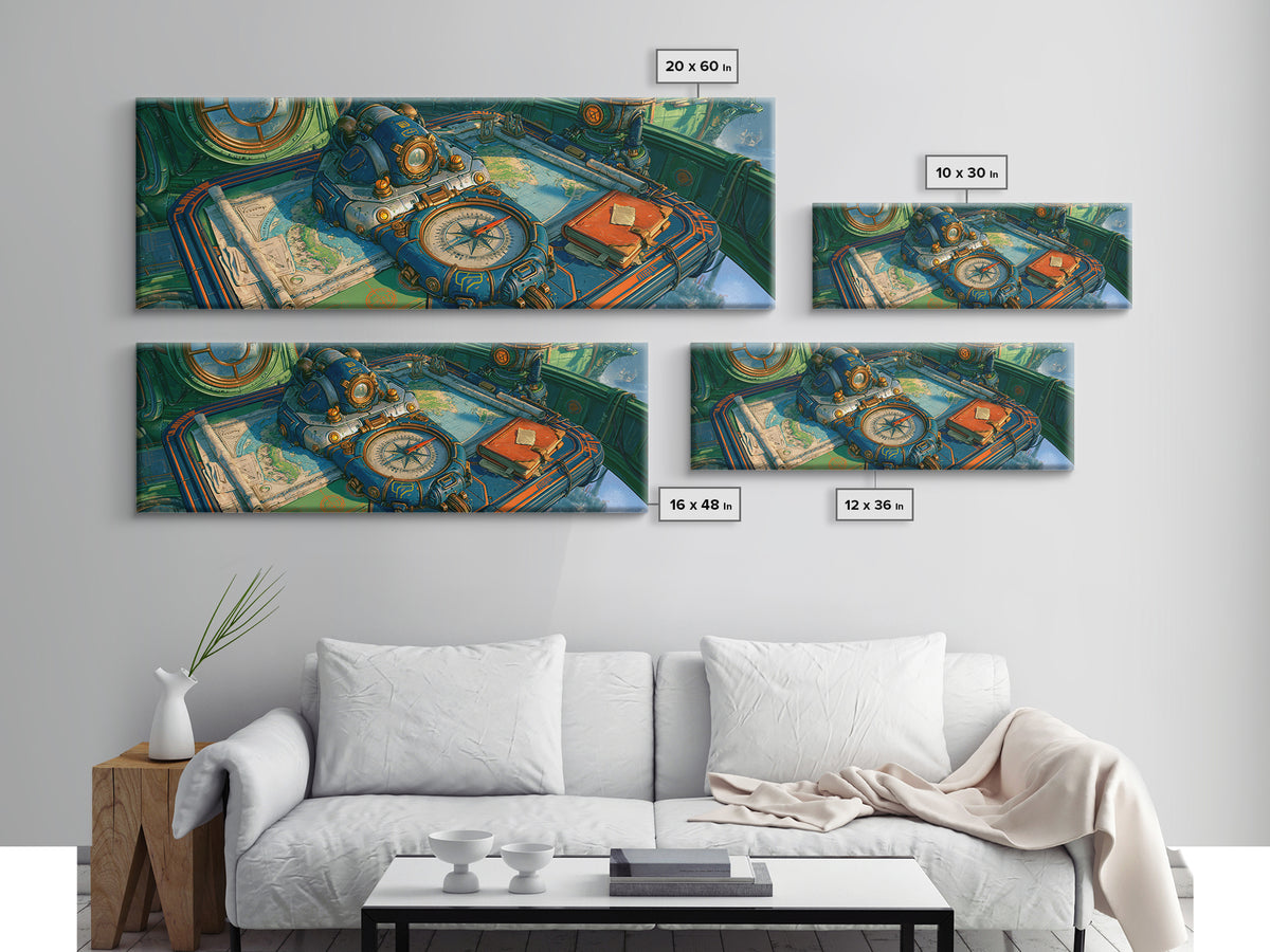 Airship Captain Map and Compass Still Life Framed Canvas Print, Steampunk Art, Digital Art, Living Room Decor, Mechanic, STE-3x1-10