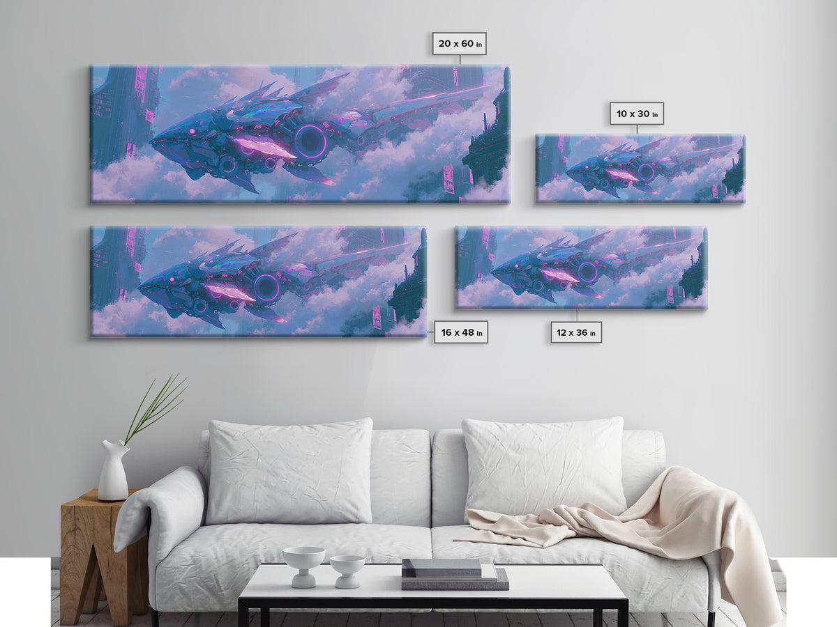 Mechanical Fish Swimming Through Clouds Canvas Print, Steampunk Art, Modern Decor, Living Room Decor, Fine Art, Mechanic, STE-3x1-14