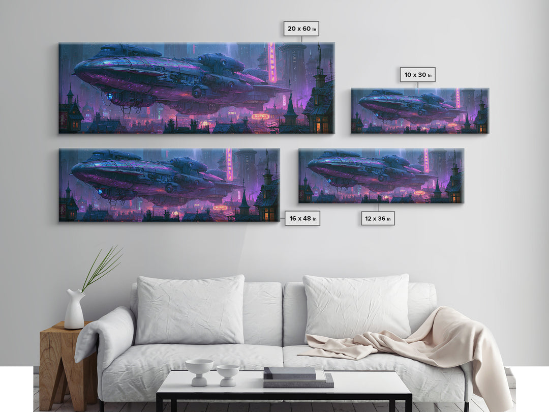 Airship Floating Above Victorian City Roofs Framed Canvas Print, Steampunk Art, Digital Print, Living Room Decor, Mechanic, STE-3x1-18