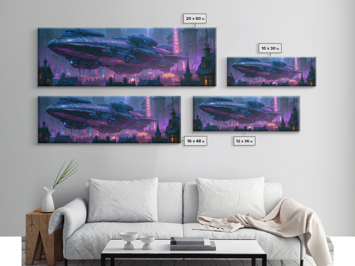 Airship Floating Above Victorian City Roofs Framed Canvas Print, Steampunk Art, Digital Print, Living Room Decor, Mechanic, STE-3x1-18